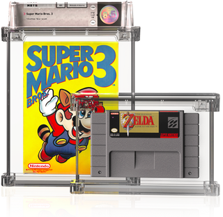 The “Bros.” appears to Mario’s left, overlapping his hand, on a first edition Super Mario Bros. 3.